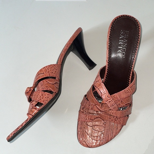 Franco Sarto Leather Crocodile Crisscross Slide Mules Heels Size 7.5 Salmon‎
